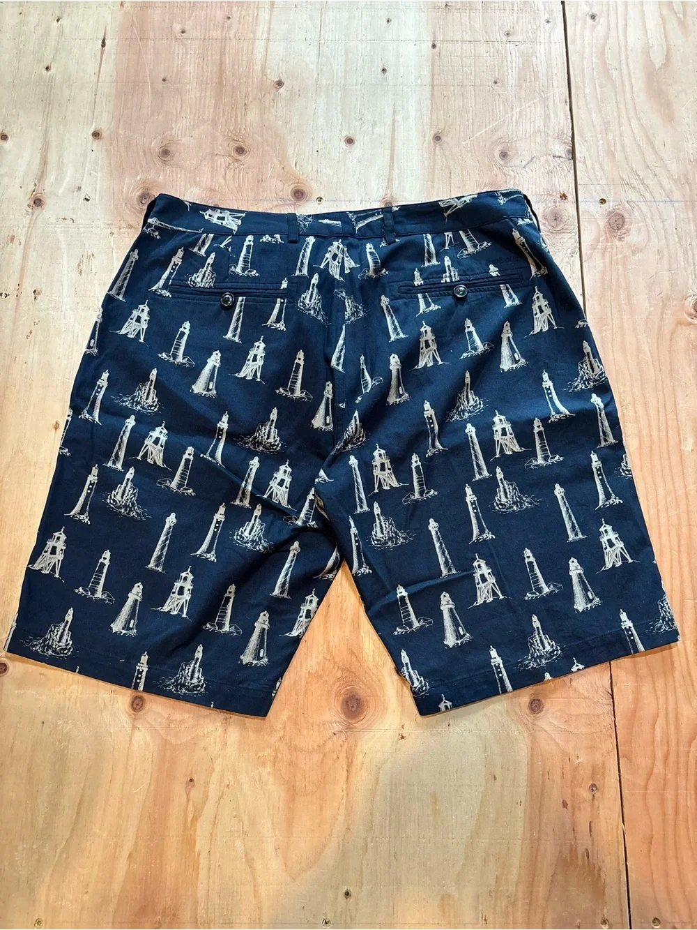 Barbour Navy Shorts with Cream Lighthouse Print